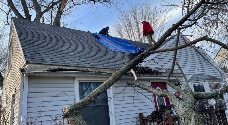 Workers on roof of house repairing damage due to fallen tree