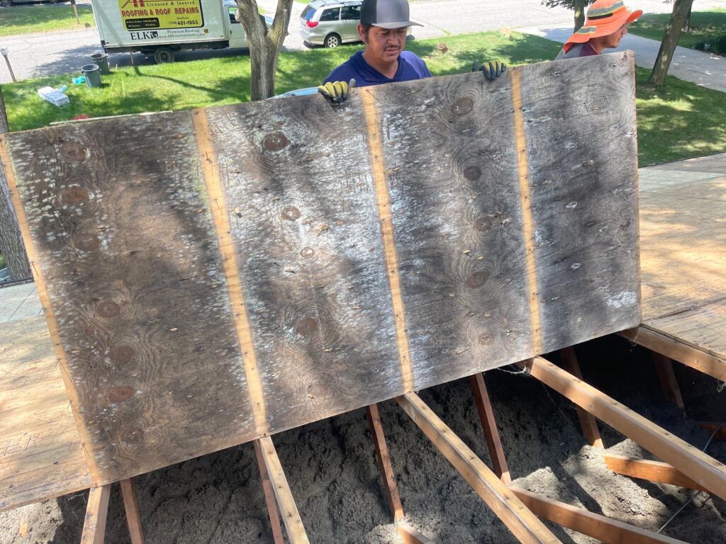 tearing out old and moldy roof decking